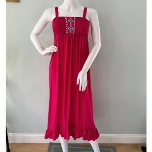 Cherokee Y2k Boho Chic Embroidered Floral Hot Pink Smocked Midi Dress size XS